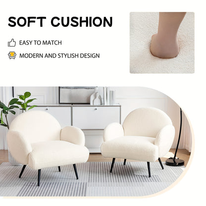 Sherpa Fauteuil – Fluwelen Stoel – Leesstoel – Slaapkamerstoel – Zithoek Fauteuil – Witte Teddy Stof – Zwarte Metalen Poten – Comfortabele Sponsvulling