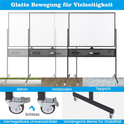Mobiel Whiteboard – Droog Uitwisbaar Bord – Magnetisch Bord – Spiegelbord – Schoolbord – Dubbelzijdig – 120 x 90 cm – Hoogte Verstelbaar – Wieltjes Met Rem