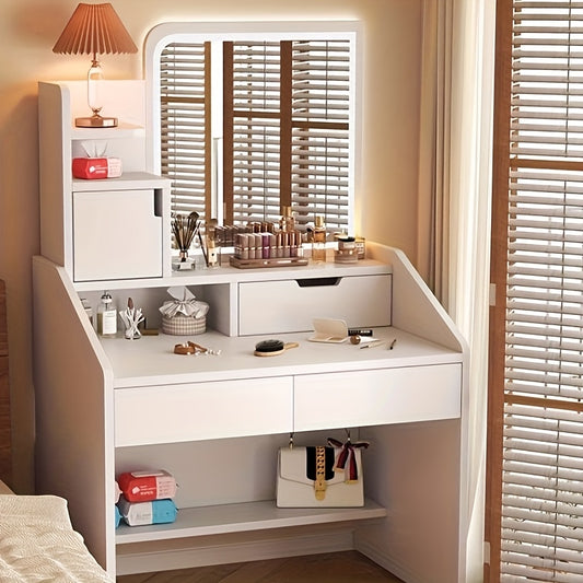 Make-up Tafel – Schminktafel – Kaptafel – Dressingspiegel – Vanity Desk – Wit MDF – 2 Lades en Open Planken – Compact en Stevig Design