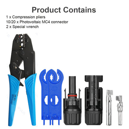 PV-Connector Set met Druk- en Klemgereedschap – MC4 Connectoren, Platte Moer met Koperen Kern, PPO Isolatie en Koper-Tin Plating – Geschikt voor Thuisinstallatie en Onderhoud