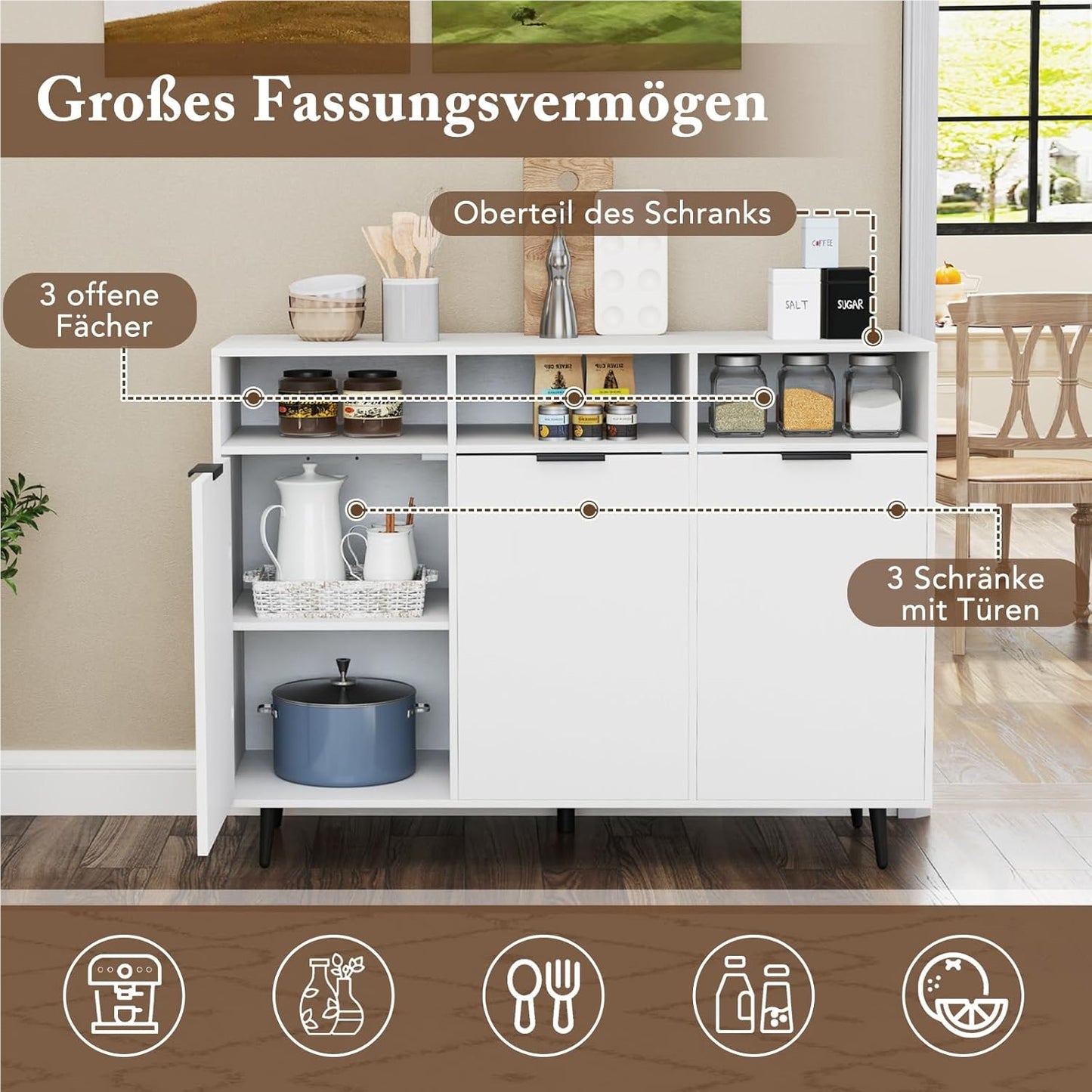Houten Sideboard – Dressoir – Keukenkast – Opbergkast – Buffetkast – 5 Verstelbare Planken – Wit 120x40x90 cm