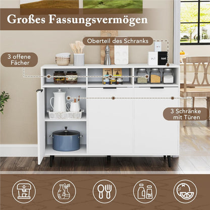 Houten Sideboard – Dressoir – Keukenkast – Opbergkast – Buffetkast – 5 Verstelbare Planken – Wit 120x40x90 cm