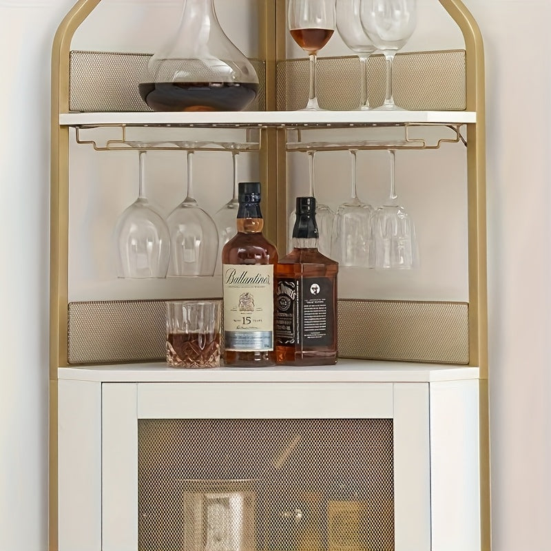 4-Tier Corner Wine & Coffee Bar Cabinet - Hardwood Construction, Removable Wine Rack, Glass Holders & Mesh Doors, Holds 50+ Bottles, Space-Saving Design with Dual Use as Serving Table, 73.66cm Height, Wine Bar Cabinet, Versat