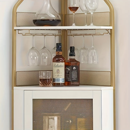 4-Tier Corner Wine & Coffee Bar Cabinet - Hardwood Construction, Removable Wine Rack, Glass Holders & Mesh Doors, Holds 50+ Bottles, Space-Saving Design with Dual Use as Serving Table, 73.66cm Height, Wine Bar Cabinet, Versat