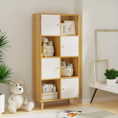 Boekenkast – Boekenrek – Opbergkast – Vakkenkast – Kast – Hout – 4 Deuren – 8 Vakjes – 64,5x30x140,5 cm – Vrijstaand Met Houten Poten