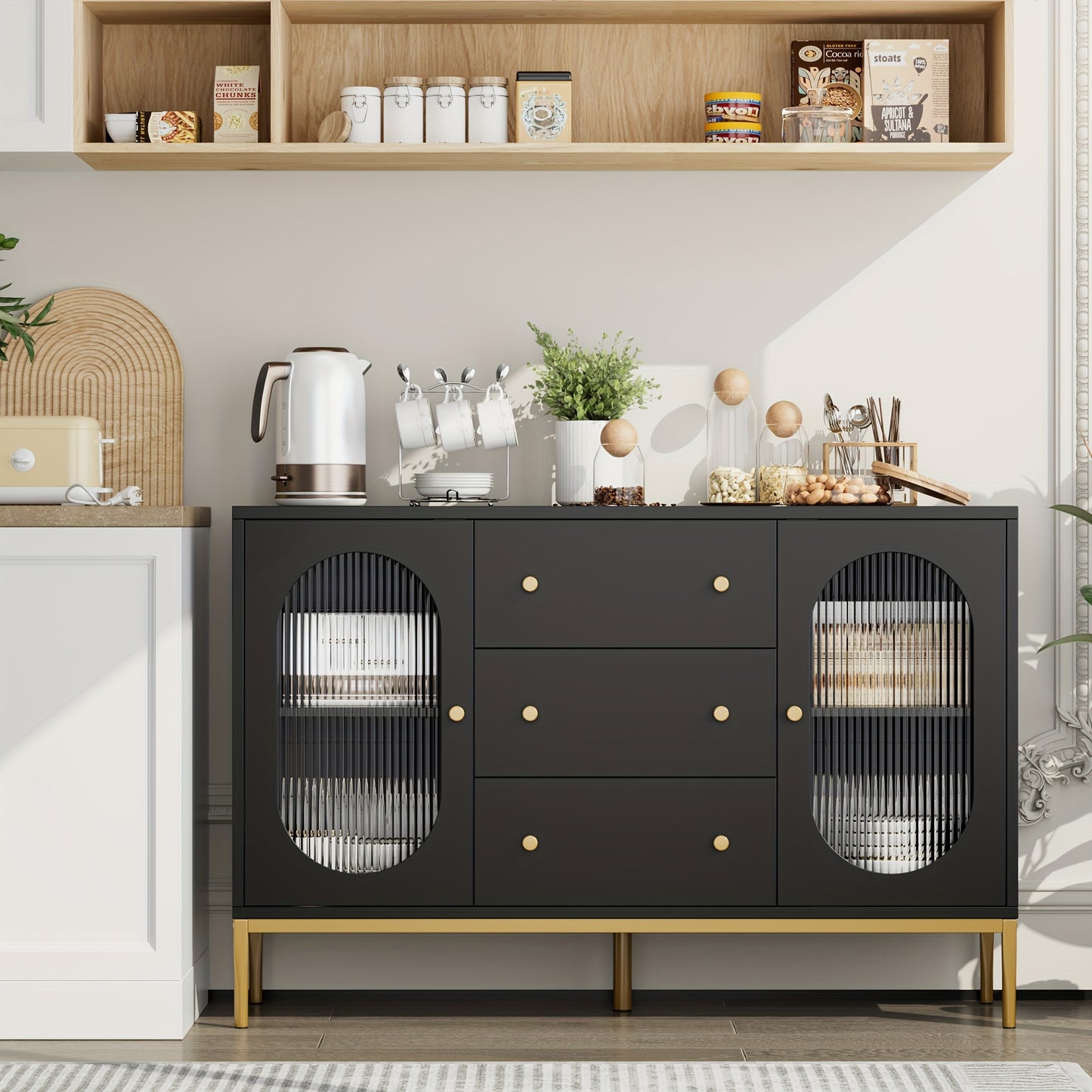 Ladekast – Kast – Opbergkast – Dressoir – Zijkast – Wit Zwart Hout – Verstelbare Planken – 3,2+ Kubieke Voet Capaciteit