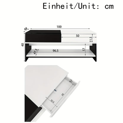 Modern Coffee Table with 2 Drawers - Black And White Design, Storage Space, High Gloss Table Top, 100cm Long