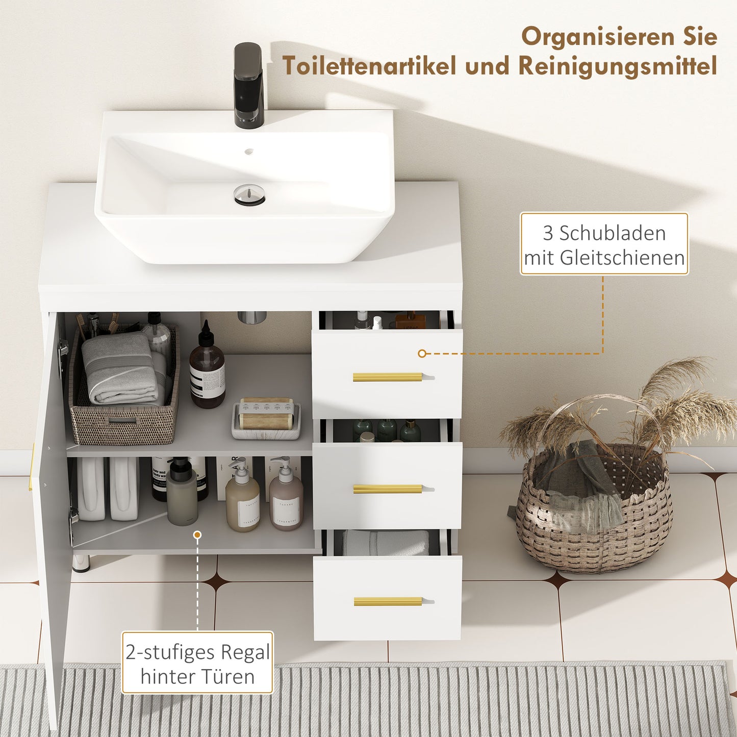 Badkamerkast – Badkamermeubel – Opbergkast – Kolomkast – Wastafelonderkast – Wit – 3-Lagen Indeling – Spaanplaatmateriaal