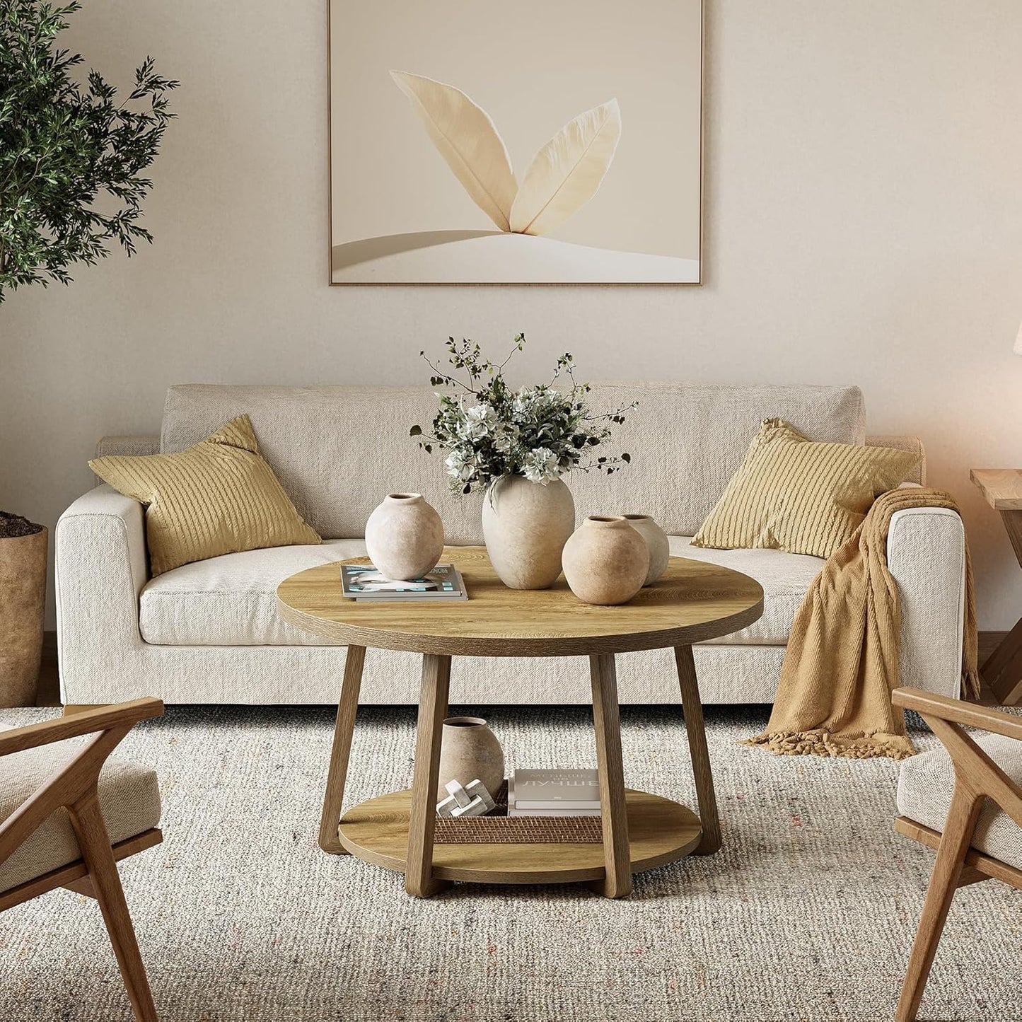 Modern Round Coffee Table with Storage Shelf - 31.5” Round (80cm) White Engineered Wood Top & Lower Shelf, Space-Saving MDF Base, Easy Assembly, Rounded Edges, 80 Weight Capacity - Contemporary Center Table for Living Room,