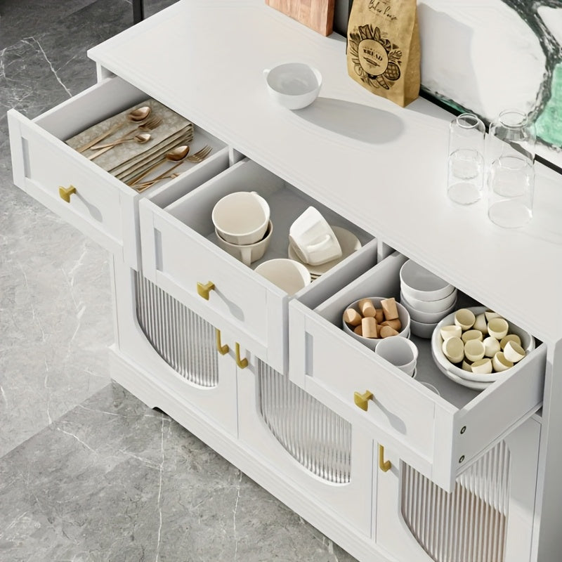 Dressoir – Buffetkast – Opbergkast – Kast – Tv-meubel – Modern Wit – 3 Lades & 3 Glazen Deuren – Verstelbare Planken & Gouden Handgrepen – Spaanplaat – 120x89,7x39,8 cm