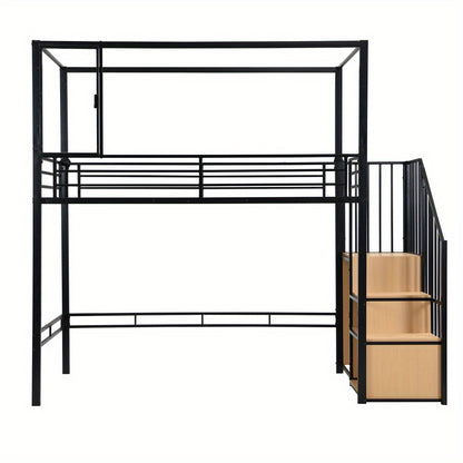 Hoogslaper – Kinderhoogslaper – Stapelbed – Eenpersoonsbed – Bedframe – Met Trap en Kledingkast – Stabiel Metalen Frame – Magnetische Deur – Ruimtebesparend 90x200 cm – Modern Industrieel