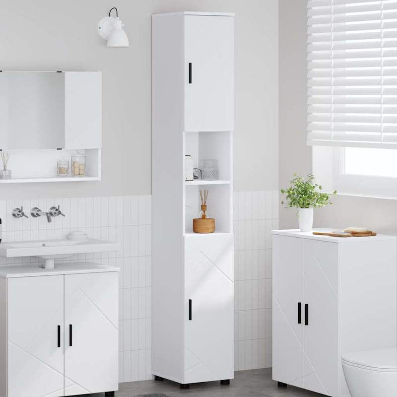 Hoge Badkamerkast – Smalle Opbergkast – Badkamerkast Wit – Verticale Kast – Toiletkast – Ruimtebesparend Design – MDF Met Hout – Vrijstaand En Functioneel