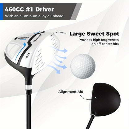 Complete Heren Golfset – Golfclubs Set – Golf Bag – Driver Fairway Hybrid – Irons Set – Lichtgewicht Stand Bag – Vergevingsgezinde Clubhoofden – Witte Variant