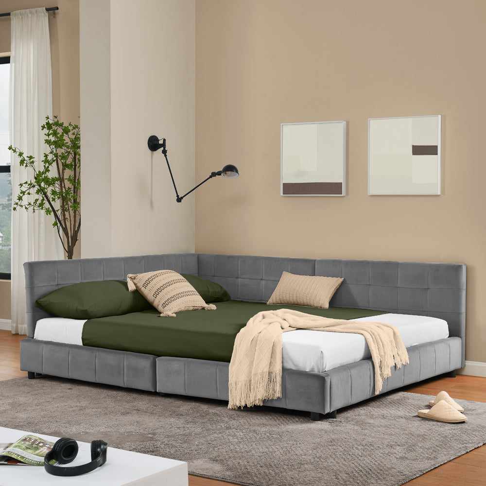 Hoekbankbed – Slaapbank – Bedbank – Loungesofa – Bedbank Hoek – Donkergrijs Velvet – 160x200 cm Tweepersoonsbed – Massief Eucalyptus Hout & IJzeren Frame