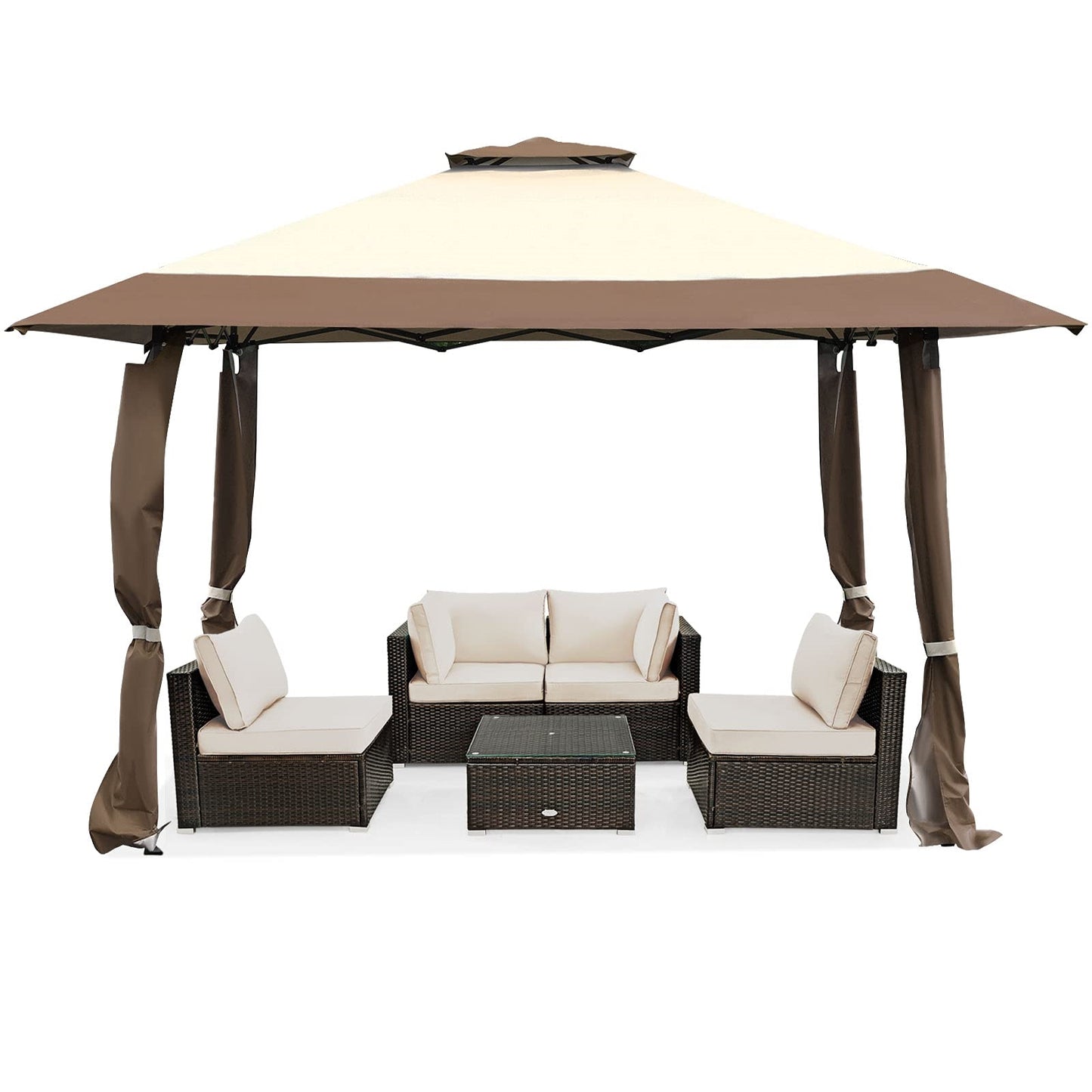 Paviljoen – Tuinpaviljoen – Tuintent – Gardentent – Pavilion 4x4m – Waterdicht – Dubbel Dak – UV Bescherming 50+ – Stevig Stalen Frame – Opvouwbaar Met Trolleytas – Winterbestendig – Bruin-Beige