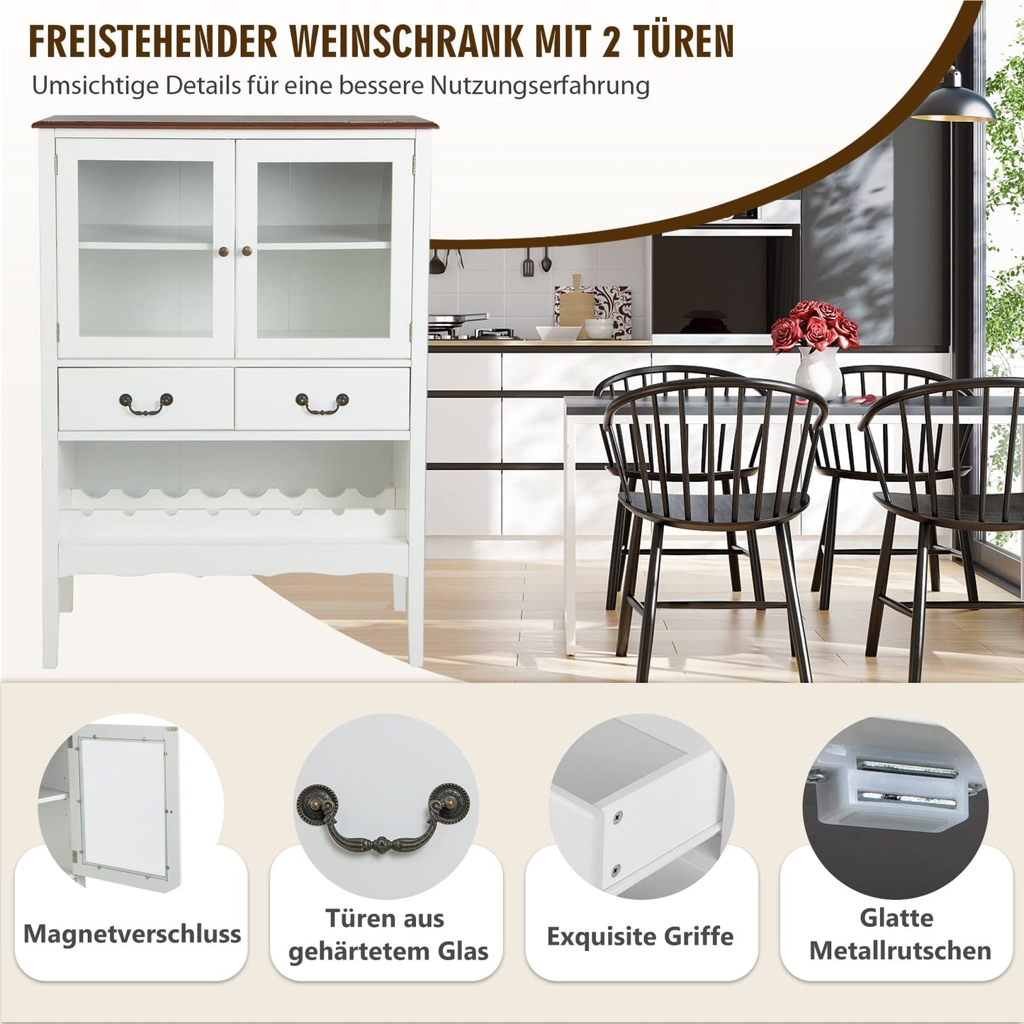 Dressoir – Buffetkast – Keukenkast – Opbergkast – Ladekast – Wijnrek – Massief Grenenhout – Kantelbeveiliging – Wit – 90x40x127 cm
