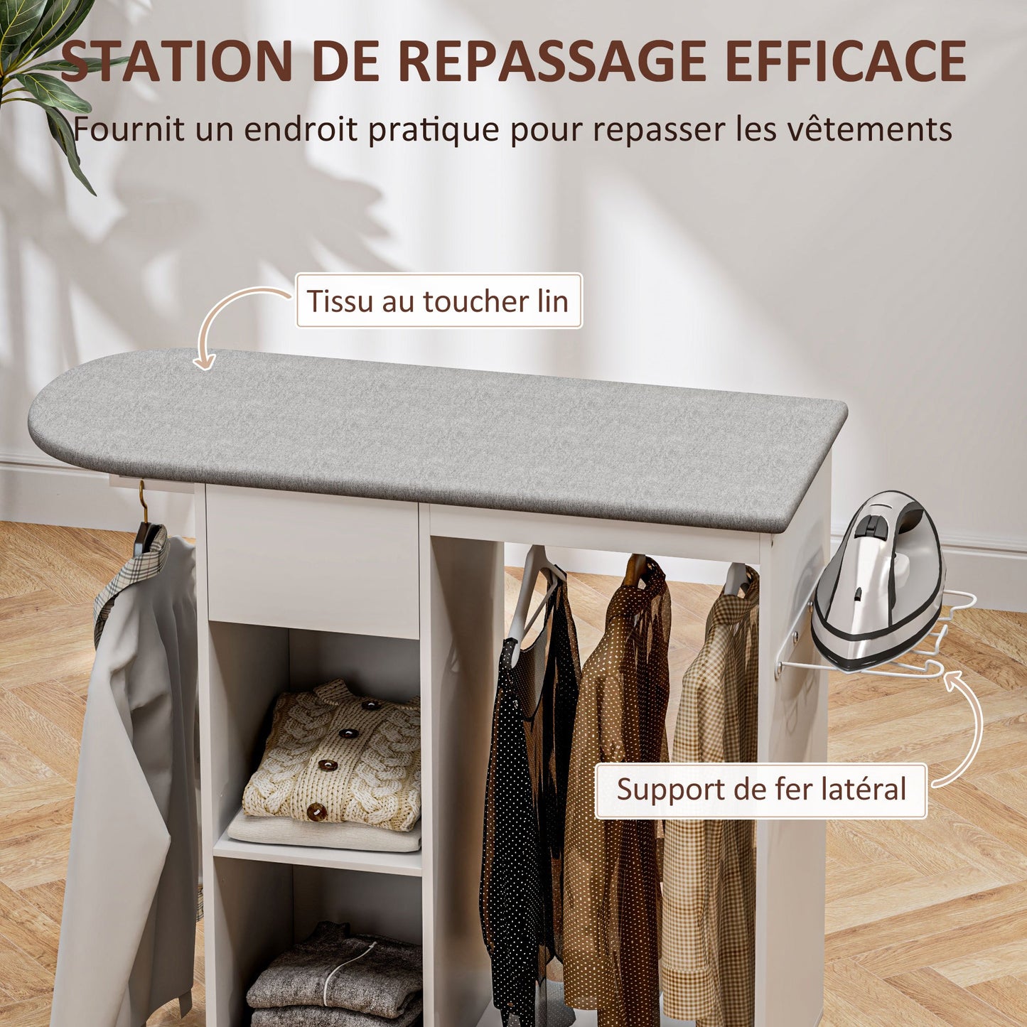 Strijkkast – Strijkplank – Strijkstation – Kledingkast – Opbergmeubel – Met Wielen – 125 x 43,5 x 112 cm – Houten Frame – Inclusief Kledinghanger