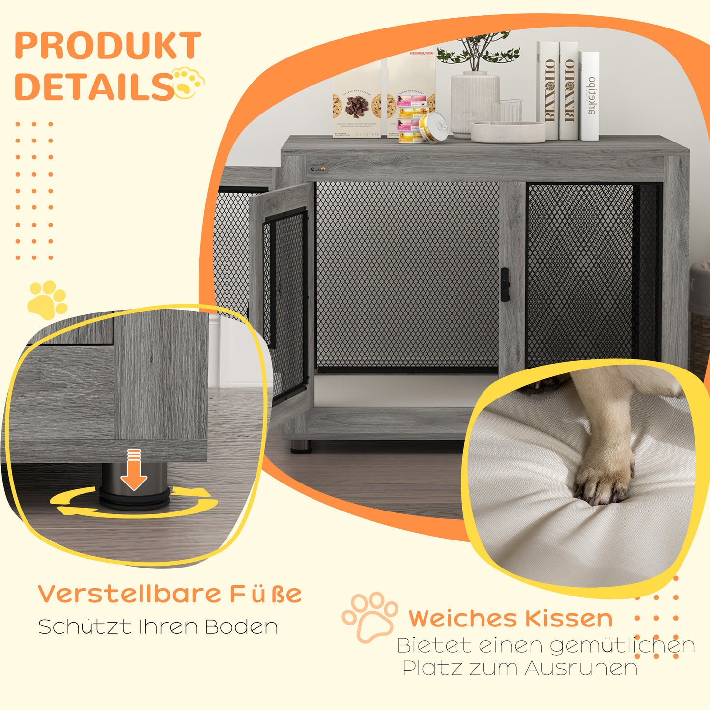 Dog Box, Puppy Box, with Storage Surface, Water-Repellent Cushion, Steel Grid, Adjustable Feet, 94X60X71.5 Cm