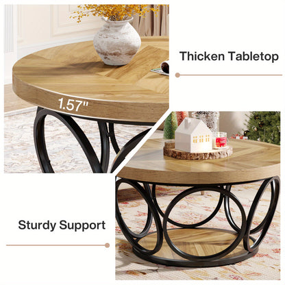 Ronde Salontafel – Houten Tafel – Woonkamertafel – Koffietafel – Opbergtafel – 80 cm Diameter – 2 Lade Niveaus – Natuurlijke Bruin Houtlook