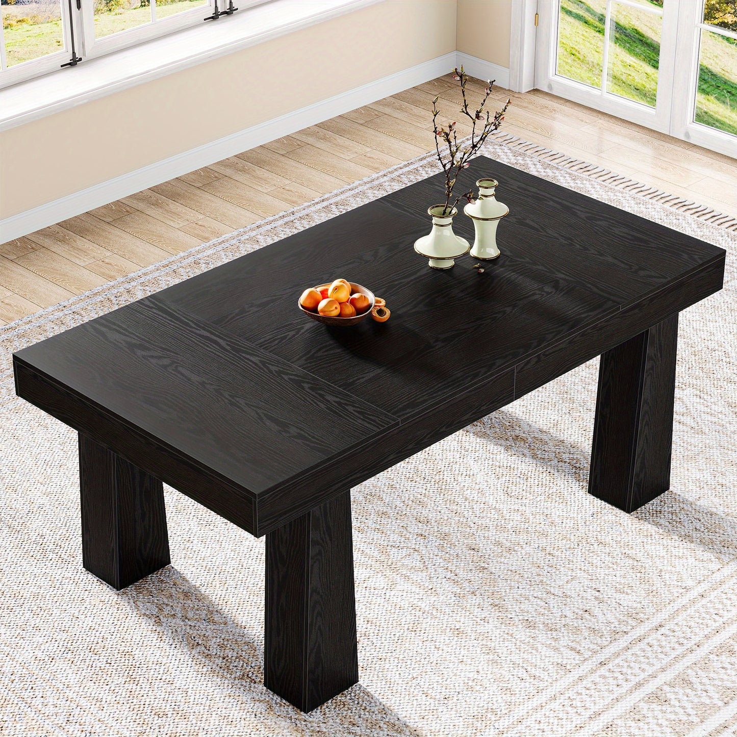 Modern Industrieel Eettafel – Keukentafel – Eettafel Rechthoekig – Tafel Met Poten – Grote Eettafel – 63 Inch – Stabiele Constructie Van Hout – Zwart Met Natuurlijke Houtnerf