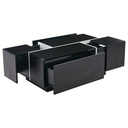 Modern Black Square Coffee Table with 4 Drawers & Sliding Top - High-Gloss Metal Frame, 30kg Load Capacity, 100x60x40cm Contemporary Living Room Furniture, Easy Assembly, No Power Needed, Coffee Table for Living Room, Minimal