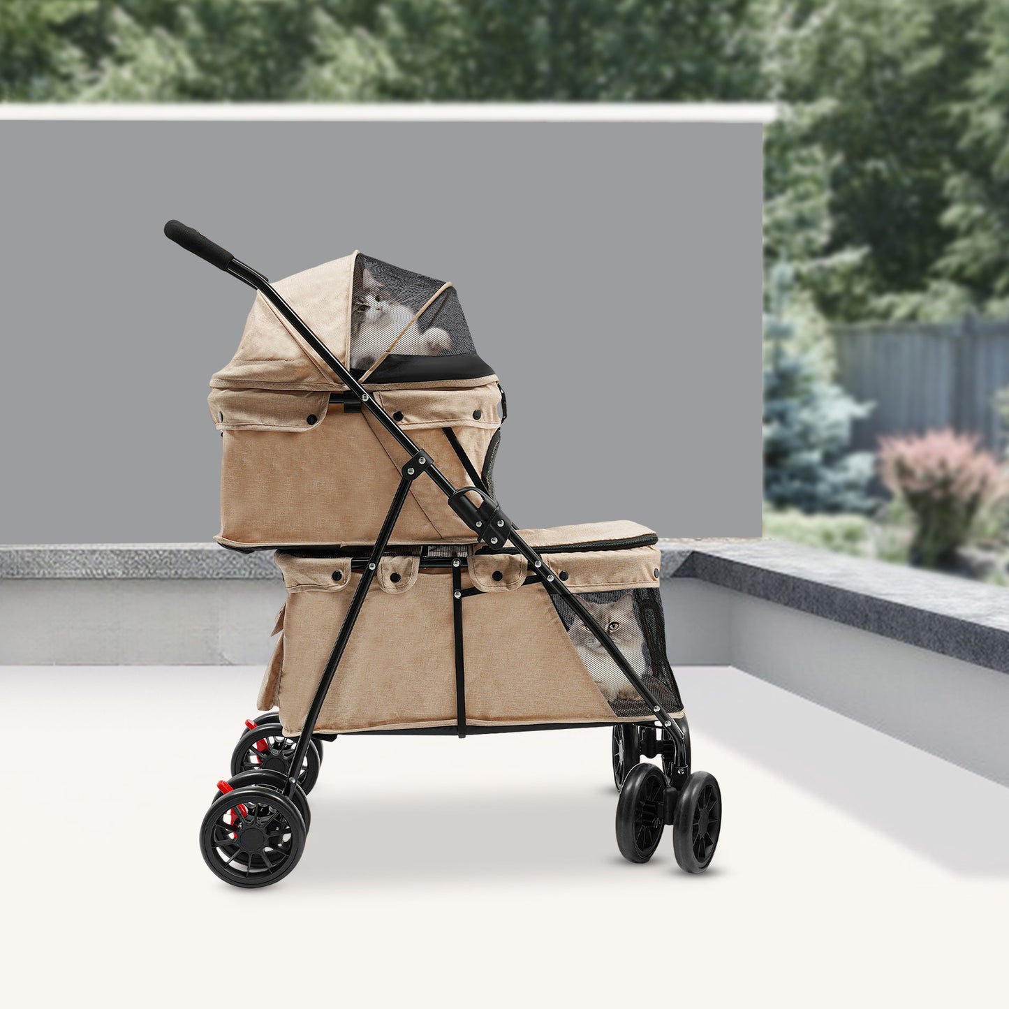 2-Tier Heavy-Duty All-Terrain Pet Cart with 4-Wheel Mobility & Handle - Chew-Resistant Oxford/PVC Mesh Design, Carbon Frame & Wheels - Multi- & Storage Cart for Dogs/Cats - /Outdoor Use Suitable for Dogs and Cats