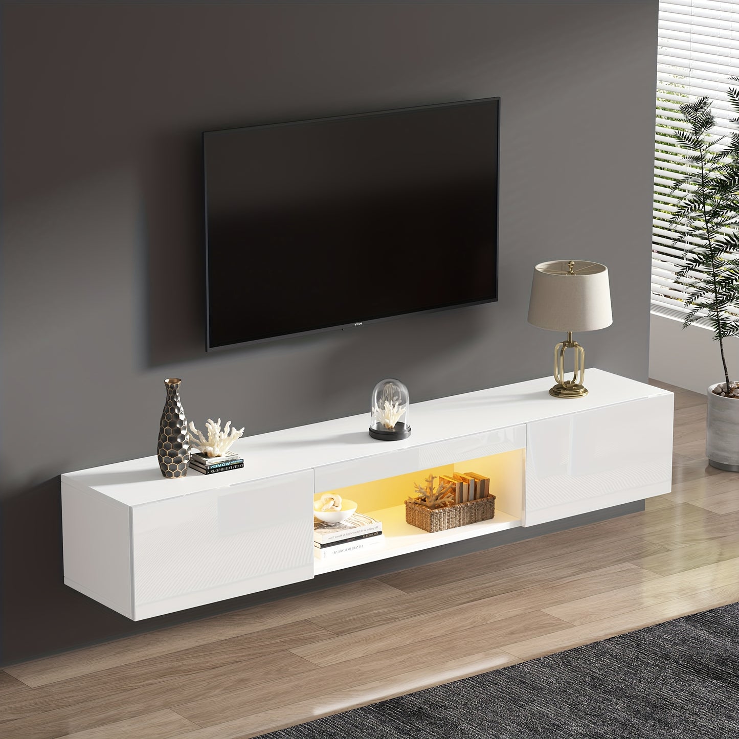 Tv-meubel – TV-kast – TV-standaard – Media-console – Entertainmentmeubel – Wit Bamboe – Wandmontage – Ruimtebesparend – 68,5 cm Hoog – 3,2 Kubieke Voet Opbergruimte