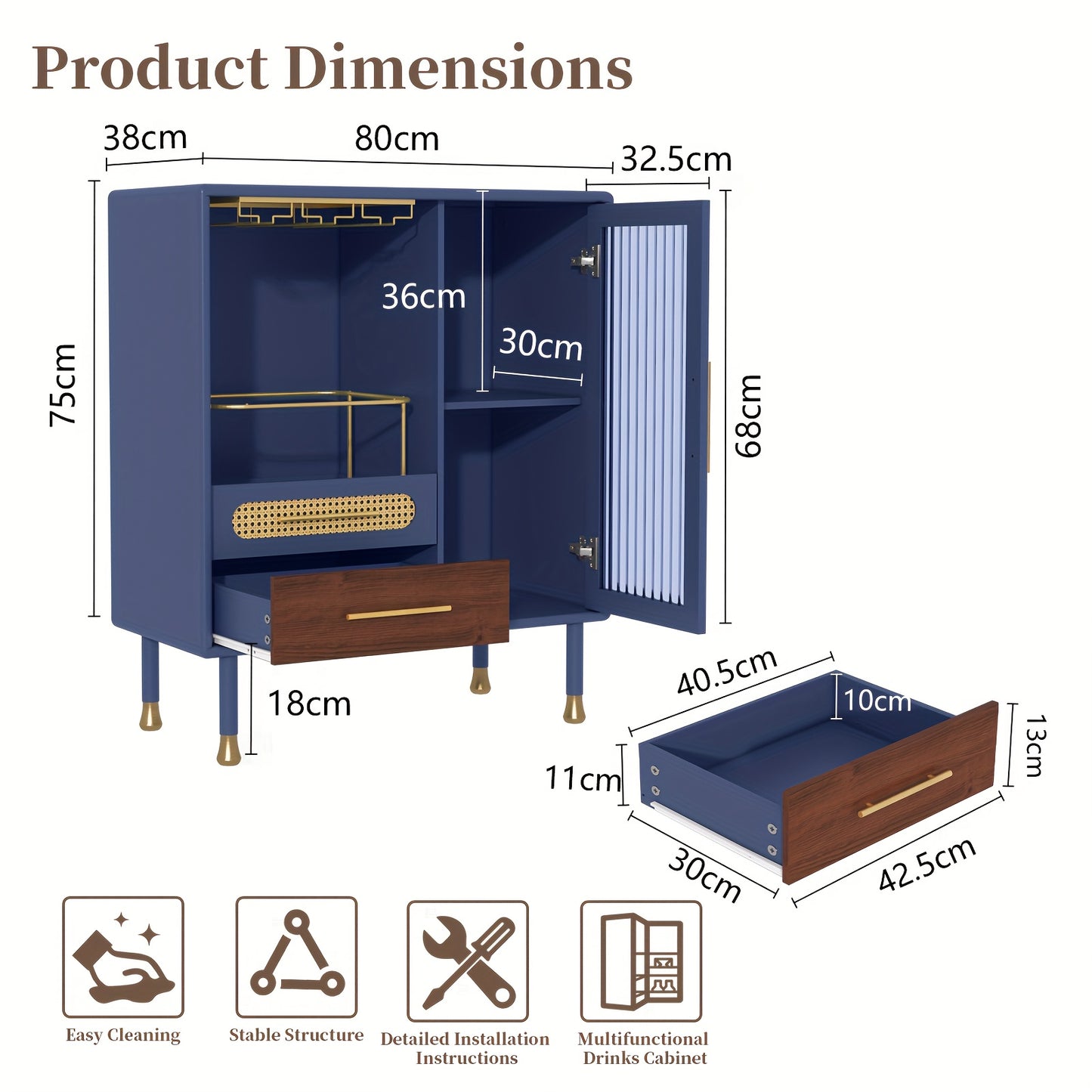 Wijnkast – Dressoir – Sidetable – Opbergmeubel – Vintage Sideboard – Blauw – Hoogwaardige MDF Constructie – Met Deur, Lades En Wijnrek