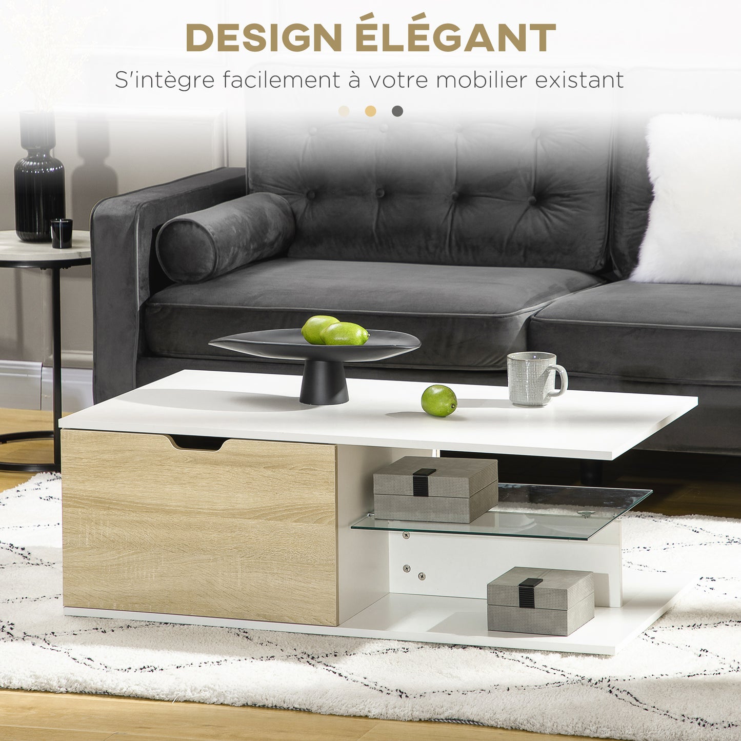 Salontafel – Koffietafel – Bijzettafel – Tafel – Woonkamertafel – Wit Met Eikenlook – 106x58x39 cm – 2 Lades En Glazen Legplank