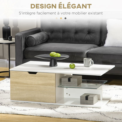 Salontafel – Koffietafel – Bijzettafel – Tafel – Woonkamertafel – Wit Met Eikenlook – 106x58x39 cm – 2 Lades En Glazen Legplank
