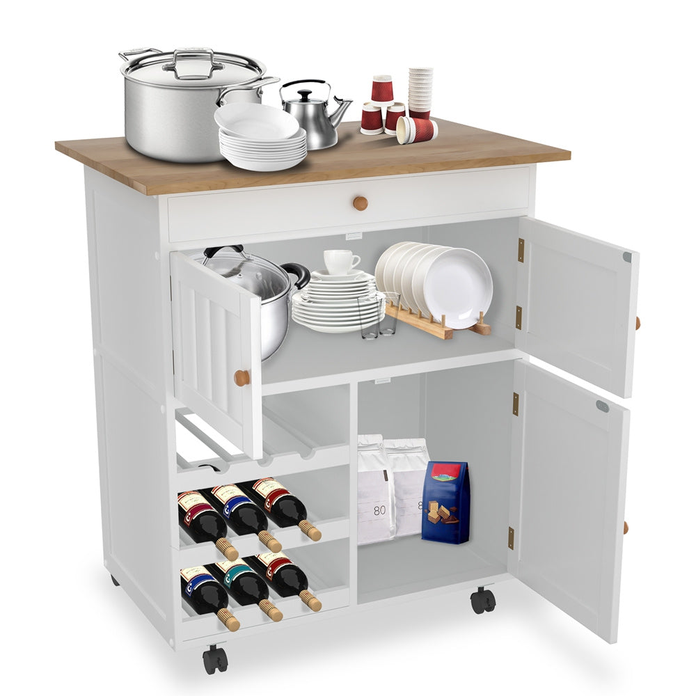 Versatile White Kitchen Island Cart with Wheels - 68.58cm x 39.12cm x 85.09cm | Spacious Storage & Worktop, Wine Rack Included
