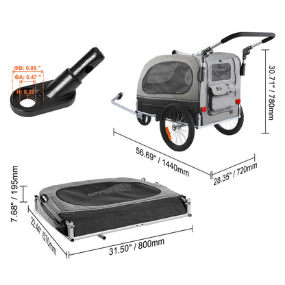 Hondenfietskar – Hondenkar – Hondenbuggy – Hondentrailer – Wandelwagen – 2-in-1 Fiets- en Wandelkar – Draagvermogen 40 kg – Verstelbare Duwstang