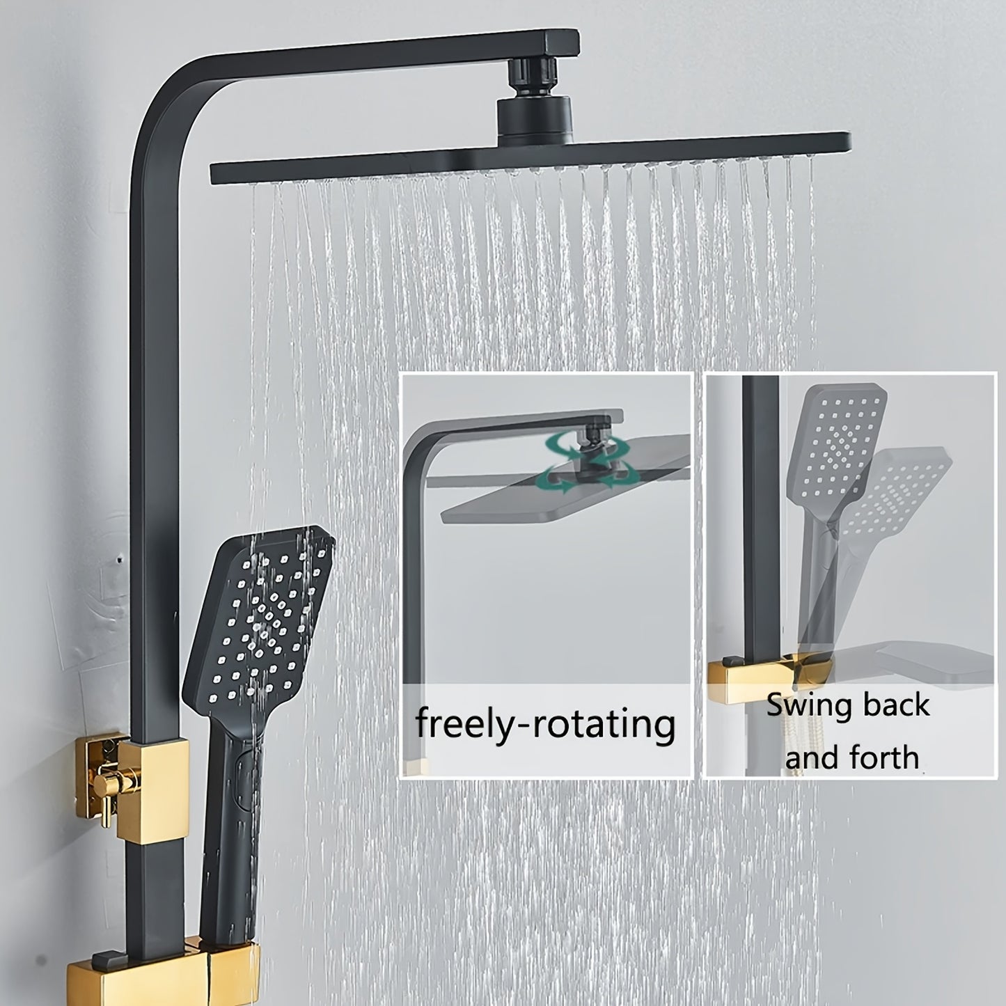 Regendouche – Douchesysteem – Douchekop – Handdouche – Waterval Douche – Zwart-Gouden Afwerking – Messing Materiaal – Thermostatische Mengkraan