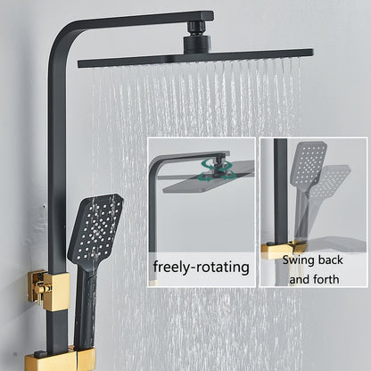 Regendouche – Douchesysteem – Douchekop – Handdouche – Waterval Douche – Zwart-Gouden Afwerking – Messing Materiaal – Thermostatische Mengkraan