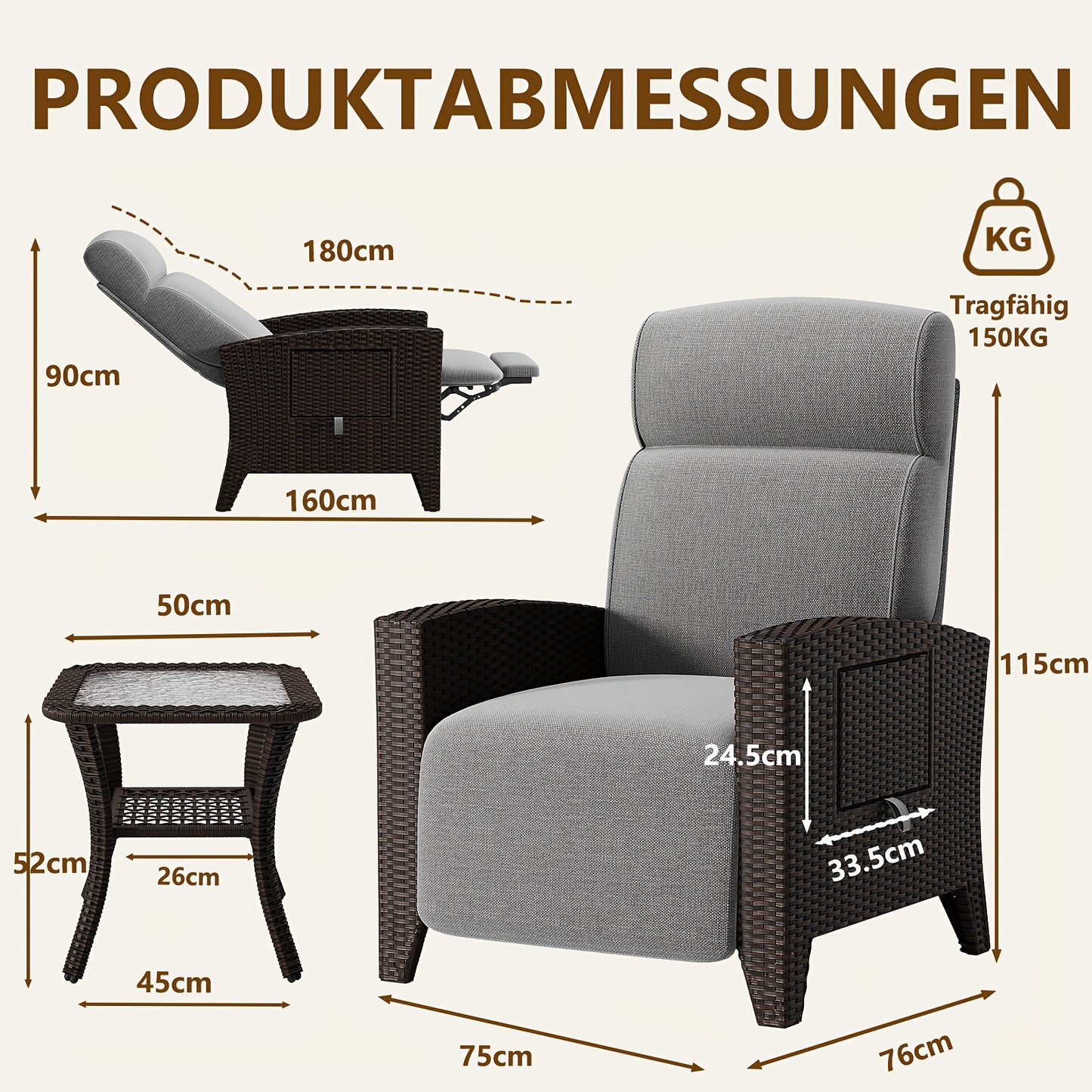 Verstelbare Loungebedstoel – Ligstoel – Tuinstoel – Balkonstoel – Relaxstoel – Ratan Look – Memory Foam – Bijzettafeltje – Diepgrijs