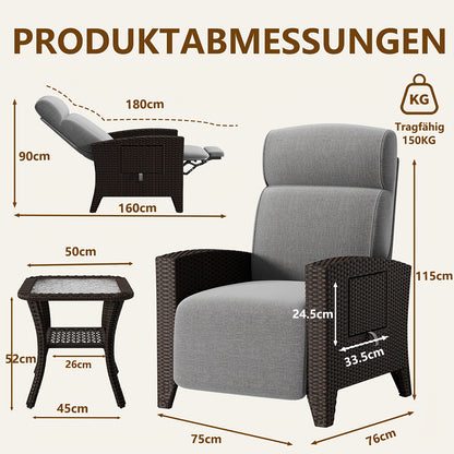 Verstelbare Loungebedstoel – Ligstoel – Tuinstoel – Balkonstoel – Relaxstoel – Ratan Look – Memory Foam – Bijzettafeltje – Diepgrijs