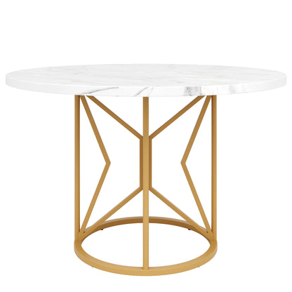 BTM Round Dining Table (100×100×76 cm), Modern Marble-Look MDF Table with Geometric Metal Legs, Kitchen Table for 4–6 People, Round Living Room Table, Sturdy Dining Table, White/Black
