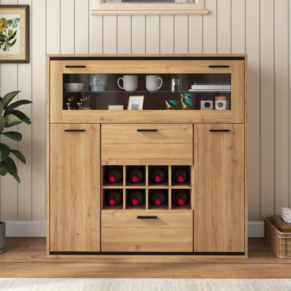 Dressoir – Opbergkast – Buffetkast – Ladekast – Kast – Rustiek Design – Dubbele Deuren & Wijnrek – 110x111x38 cm Natuurlijk