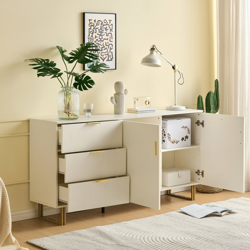 Dressoir – Wandkast – Opbergkast – Buffetkast – Ladekast – Wit Met Gouden Handvatten – 160 cm Breed – Stalen Poten