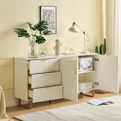 Dressoir – Wandkast – Opbergkast – Buffetkast – Ladekast – Wit Met Gouden Handvatten – 160 cm Breed – Stalen Poten