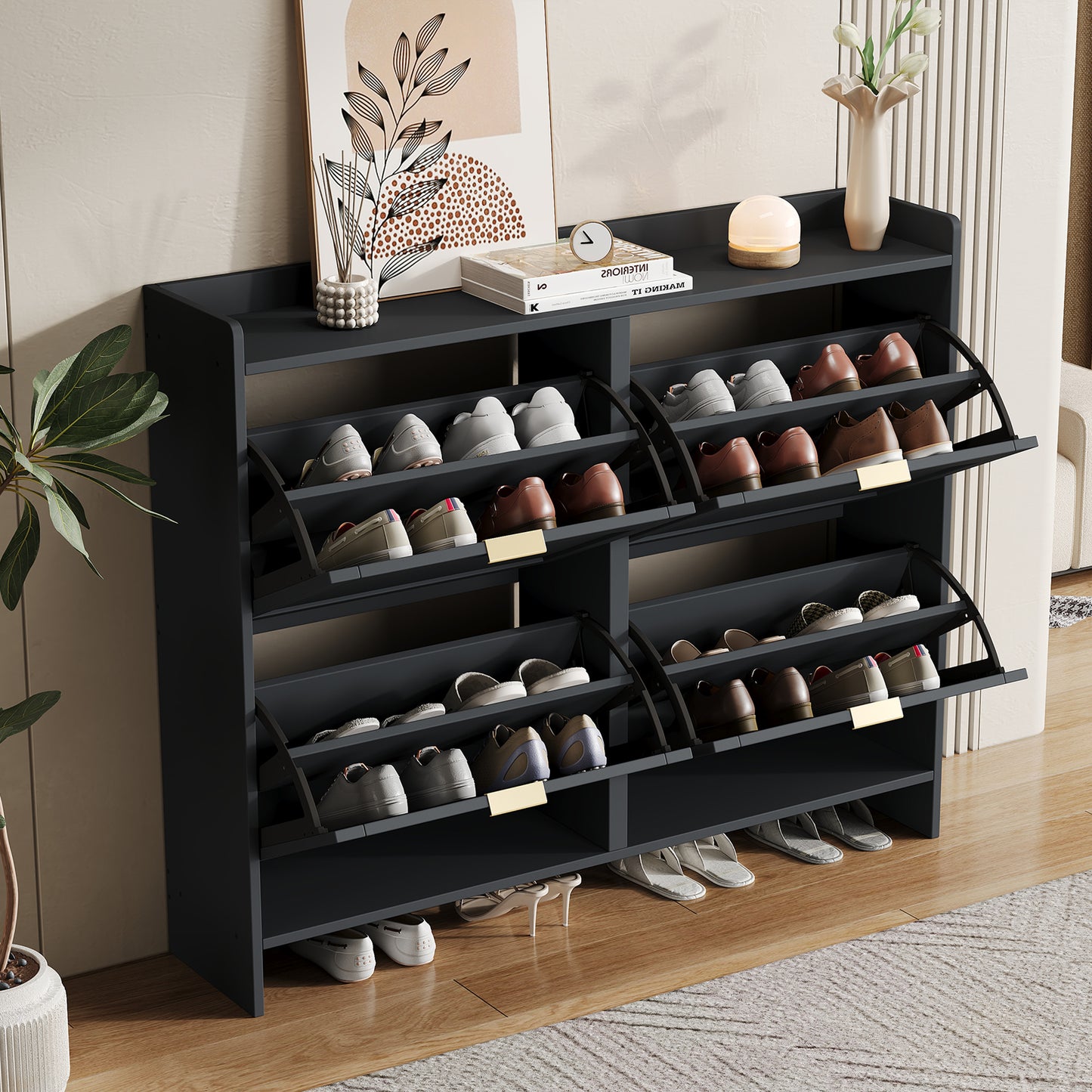 Modern shoe cabinet, with 4 folding compartments, freestanding shoe rack, open storage surfaces, suitable for entry area or hway, Black, Dimensions: W110/H90/D24 cm