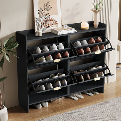 Modern shoe cabinet, with 4 folding compartments, freestanding shoe rack, open storage surfaces, suitable for entry area or hway, Black, Dimensions: W110/H90/D24 cm