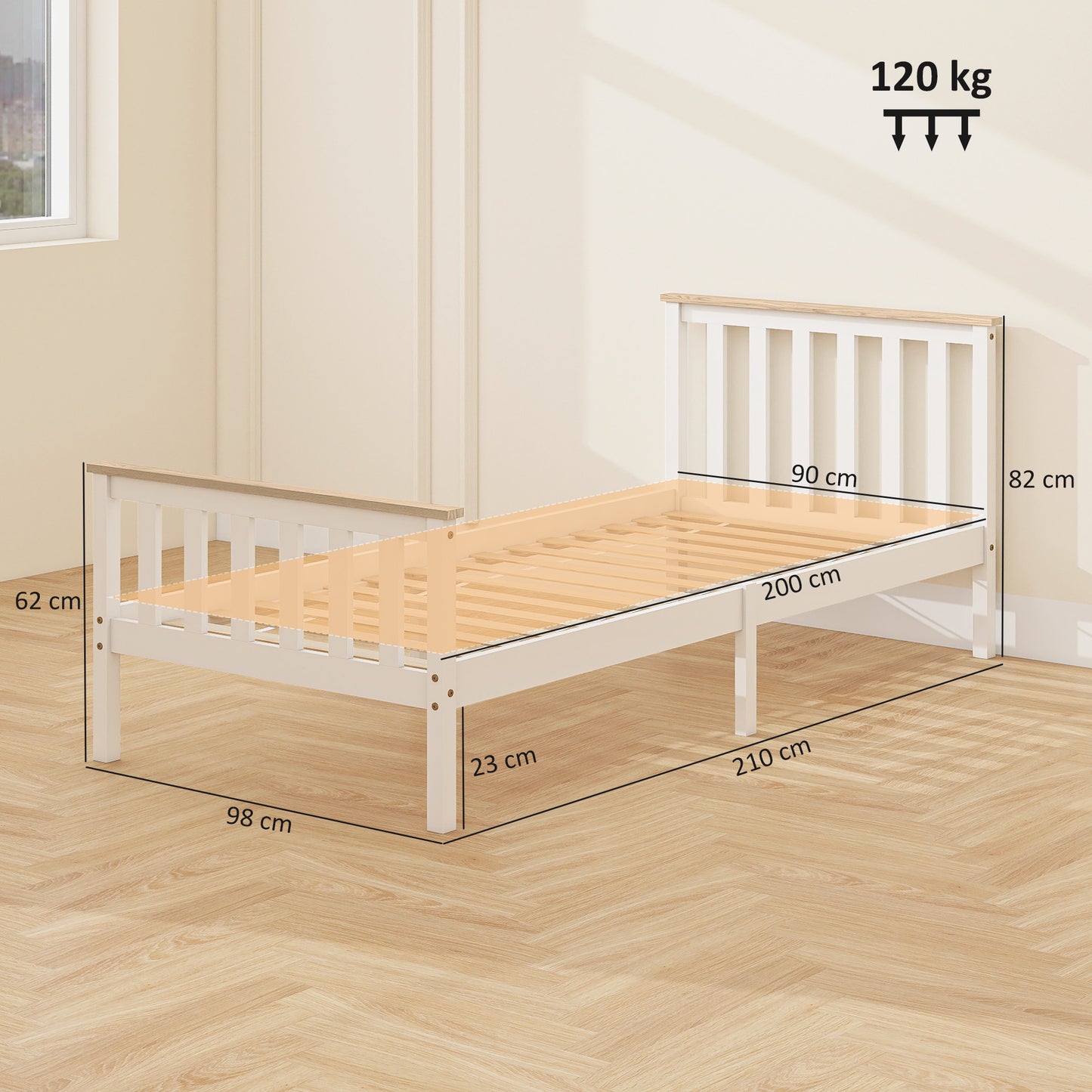 Bedframe Eenpersoonsbed – Eenpersoonsbed – Houten Bed – Kinderbed – Bedombouw – Natuurlijk Hout – Wit Gelakt – Met Opbergruimte Onderbed