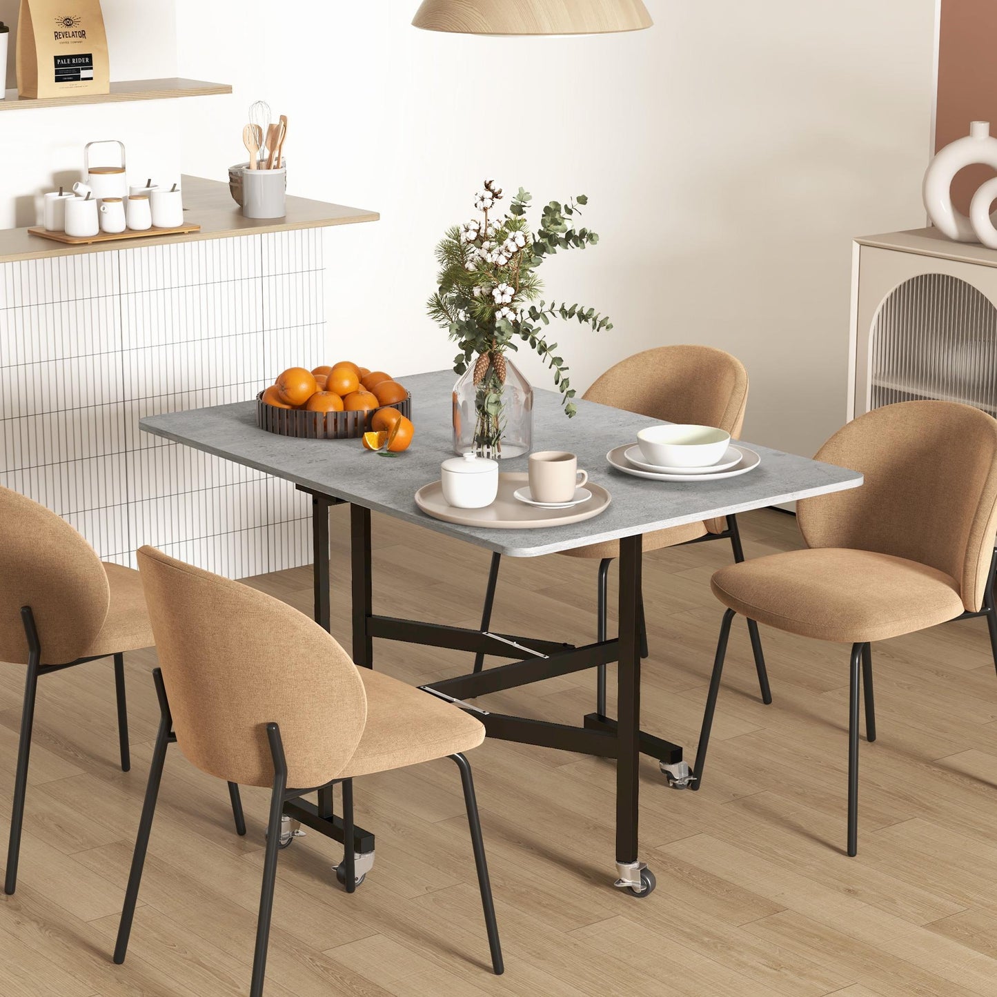 Uitklapbare Eettafel – Vouwtafel – Klaptafel – Keukentafel – Tafel Met Stalen Poten – Voor 4-6 Personen – Ruimtebesparend Hardhouten Blad – Met Zwenkwielen