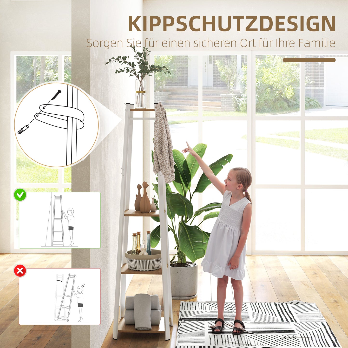 Kapstok – Kledingrek – Garderoberek – Jashenrek – Opberger – Trapeziumvormig Design – 8 Dubbele Haken – 3 Legplanken – Staal Wit Met Eikenkleur