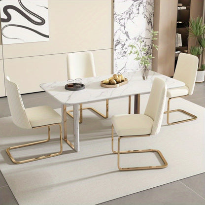 Eetkamerstoel – Stoel – Dining Chair – Zitstoel – Lounge Stoel – 6 Stuks – Diamant Rug – Gouden Metalen Poten – Comfortabel – Modern Beige