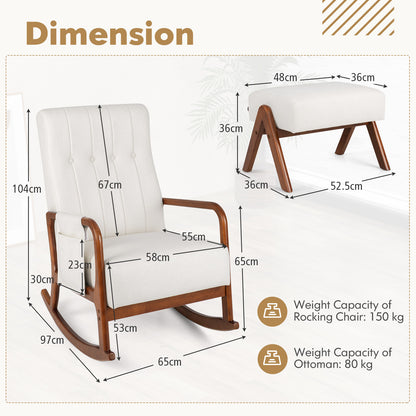 Schommelstoel – Relaxstoel – Rocking Chair – Draaistoel – Fauteuil – Met Hocker – Gestoffeerd Katoen Linnen – Ergonomisch Rubberhout Frame