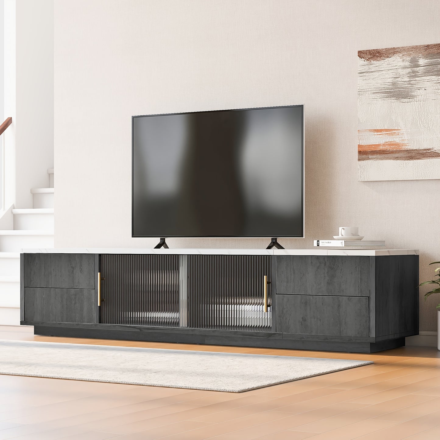 Tv-Meubel – Tv-Kast – Mediamöbel – Opbergkast – Kastje – Notenkleur Walnut – Golvende Deuren – Ruime Opbergruimte – Bamboe Materiaal – Zwarte Metalen Poten