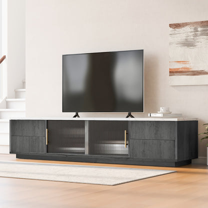 Tv-Meubel – Tv-Kast – Mediamöbel – Opbergkast – Kastje – Notenkleur Walnut – Golvende Deuren – Ruime Opbergruimte – Bamboe Materiaal – Zwarte Metalen Poten