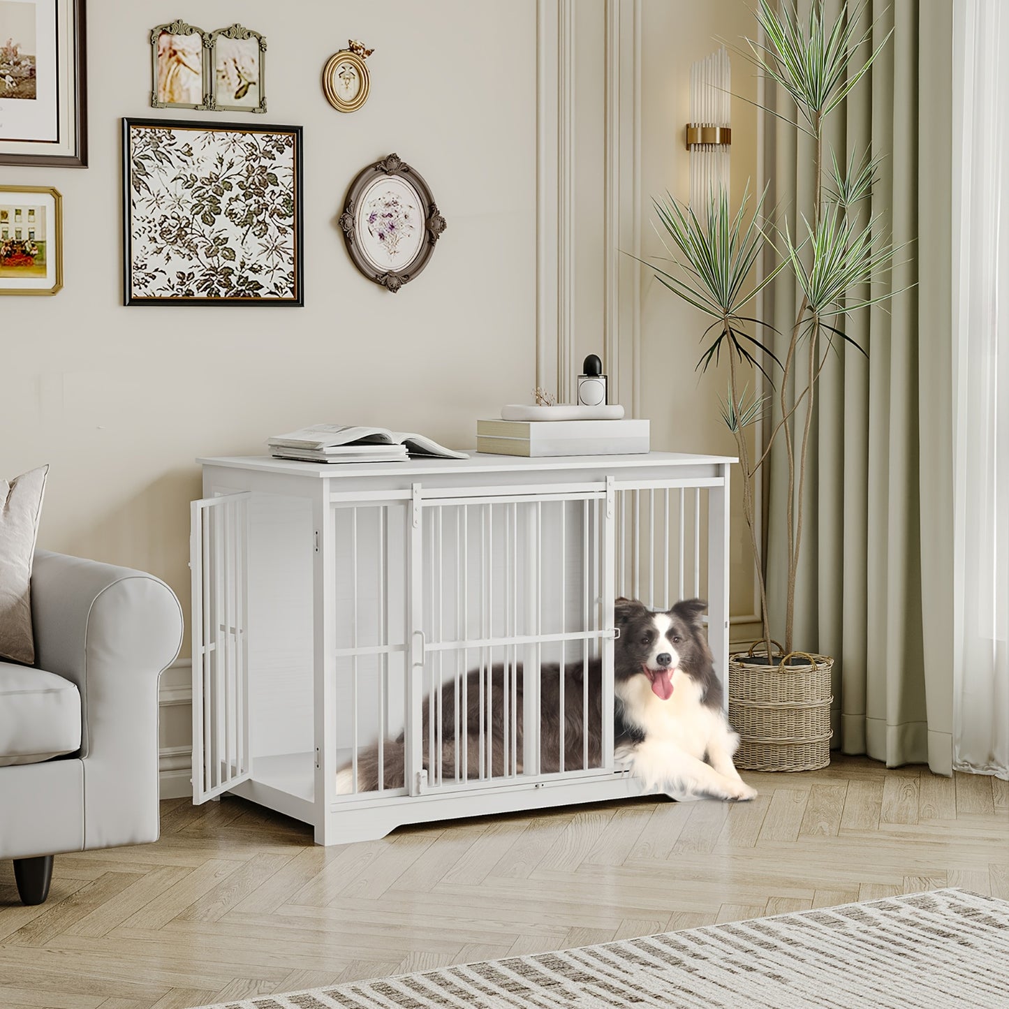 Heavy-Duty Dog Crate Furniture - Dual-Purpose Pet Cage & Side Table with Reinforced Sliding Doors, Spacious Interior for Large Dogs up to 100kg/220lbs, Sturdy Metal Construction, Modern design for Living Room, Bedroom, Office